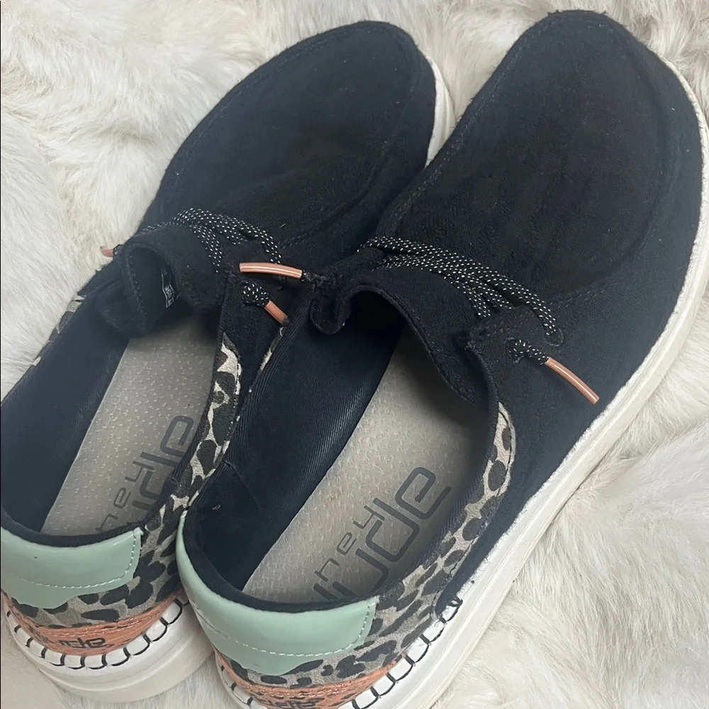 Hey Dude Black Slip-On Sneakers with Leopard and Mint Accents - Picture 2 of 6